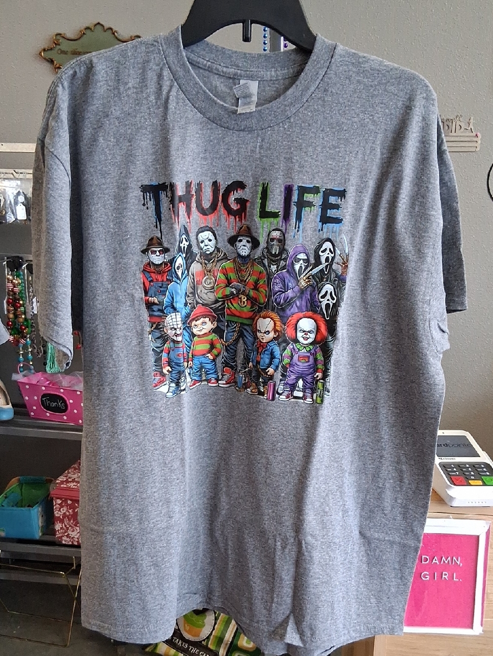 Gildan Gray Graphic Tee "Thug Life" Horror Characters